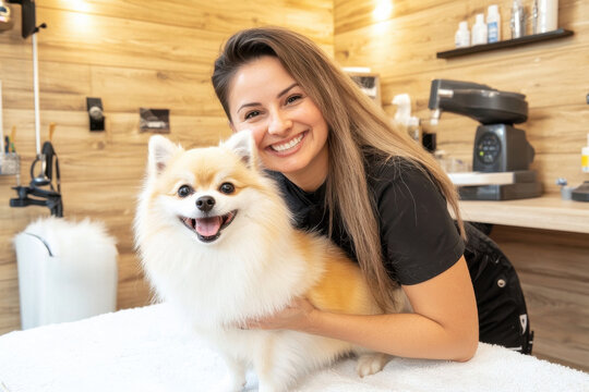 Dog grooming session pet salon photography indoor close-up joyful experience
