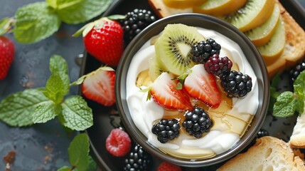 Greek yogurt with fresh fruits, honey, and crispy toast
