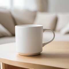 Blank white mug close up mockup on blur living room background.	