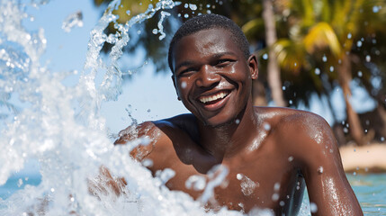 Obraz premium Joyful man playing in beach water splash