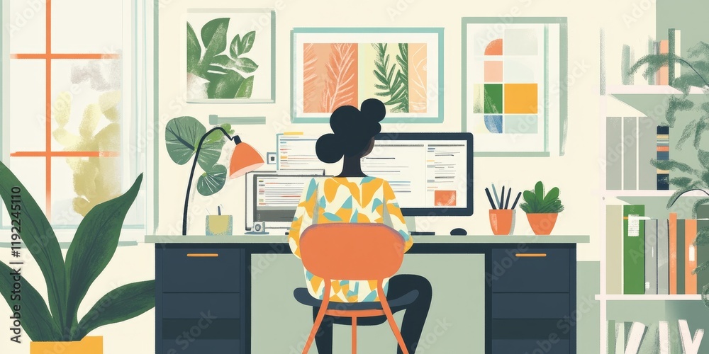 Poster stylish home office workspace with a woman working on a computer surrounded by plants and colorful w