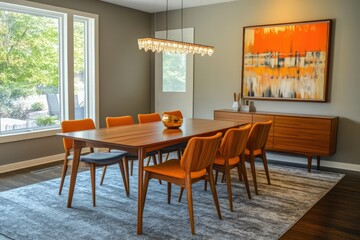 A mid-century modern dining room featuring iconic furniture pieces, bold colors, and minimalist decor. Emphasize clean lines, organic shapes, 