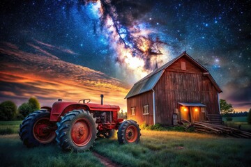 Obraz premium Digital watercolor art: a red tractor rests in a rural field near a barn under a vibrant night sky.