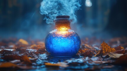 A glowing blue potion jar amidst autumn leaves.