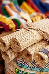 Rolled dried straw mats tied with twine in a colorful basket.