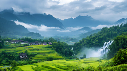 Tranquil Green Rice Terraces with Waterfalls and Misty Mountains - Serene Countryside Landscape