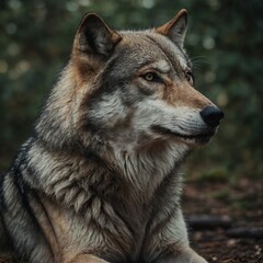 Fototapeta premium A calm and peaceful wolf sitting gracefully, looking into the distance.
