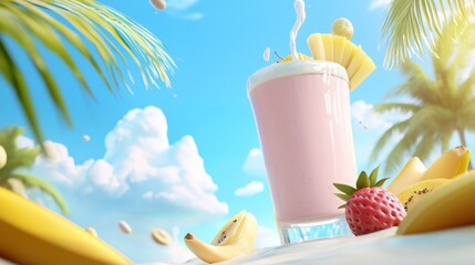 Pink smoothie with fruits on a tropical beach.