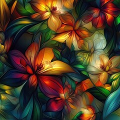 Fototapeta premium Vibrant, stylized floral artwork with rich colors and intricate details, showcasing a variety of flowers and leaves in a seamless pattern.