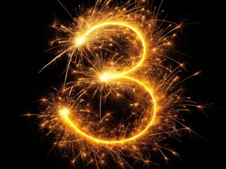 Festive number three: bright sparkles and firework bursts illuminate a black night sky.