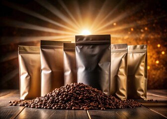 Five silhouette coffee pouch mockups.  Premium coffee bag designs for impactful branding and product packaging.