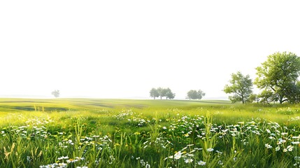 A scenic rural landscape with open fields, scattered wildflowers, and a distant tree line. 8k UHD, suitable for high-quality printing or digital display. 