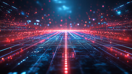Fototapeta premium Futuristic digital landscape with glowing lines and particles, creating vibrant atmosphere. This design evokes sense of advanced technology and innovation