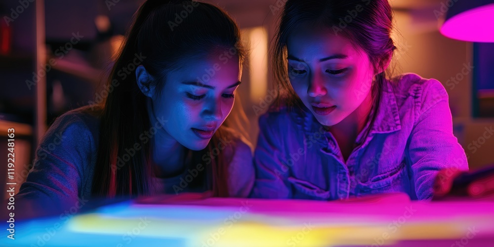 Poster two teachers in a close-up image planning a classroom activity in a vibrant setting their focused fa
