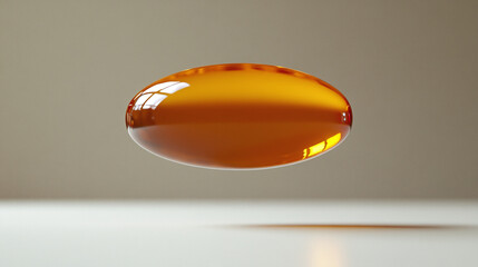 floating amber capsule with smooth surface and reflective quality, showcasing minimalist design and elegance in simple setting
