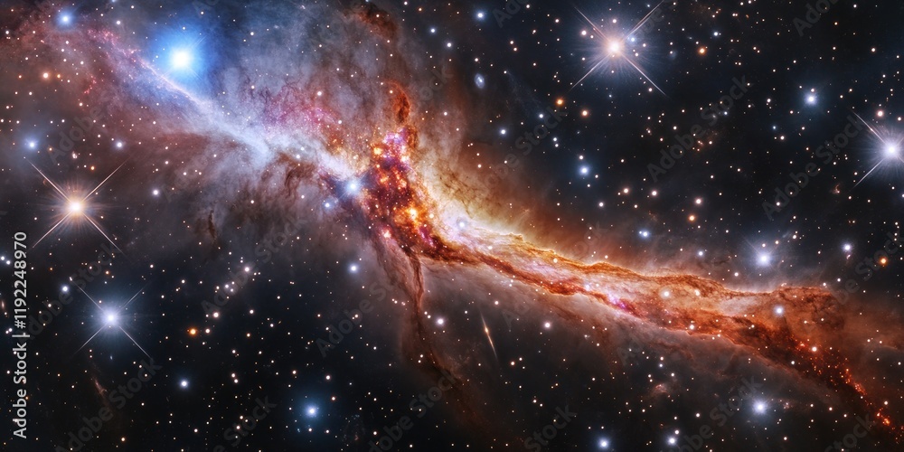 Poster A celestial event in a distant galaxy, with supernovae exploding, new stars forming, and cosmic waves rippling through space