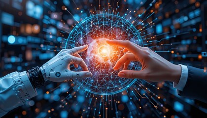 AI, Machine learning, Hands of robot and human touching on big data network connection background, Science and artificial intelligence technology, innovation and futuristic , 8k image