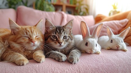 Cute cats and rabbits lounging together on a couch.