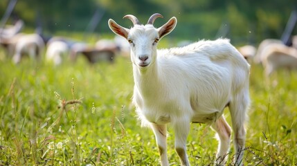 Obraz premium White goat grazing pasture farm herd sunlight