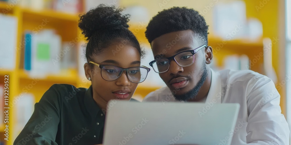 Poster two educators in a close-up shot reviewing data on a laptop in a bright school office their faces sh