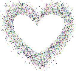 Creative frame of circular colorful particles, heart shaped powder. Perfect for love-themed and romantic designs, the artistic arrangement conveys charm and elegance with heart-shaped elements.