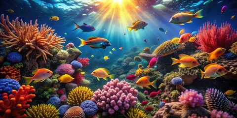 Mesmerizing underwater images capture vibrant coral reefs and tropical fish in dim light.