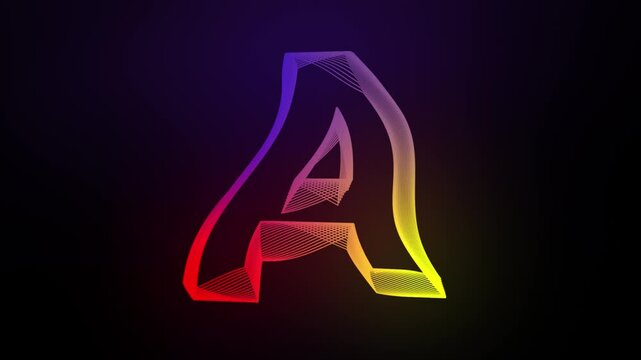 3D Letter A swirling lines animation on dark gradient background abstract dynamic motion graphics particle glow typography visual effect rainbow digital alphabet