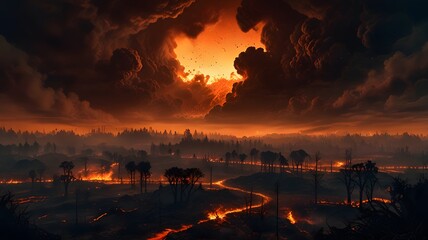 Forest Wildfire with Fiery Sky and Blazing Flames in 4K V10