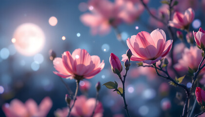 Obraz premium Pink Magnolia Blossoms: Serene Moonlight Garden