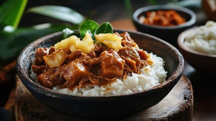 Rustic bowl of savory stew with white rice and pineapple garnish, tropical foliage background.
