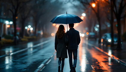 Rainy Night Stroll: A Romantic Couple Under an Umbrella