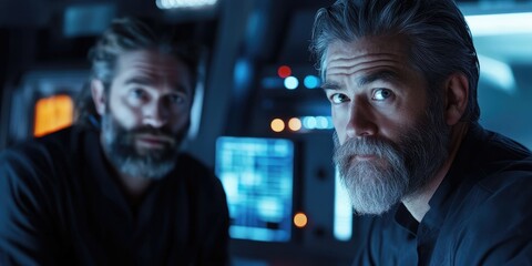 Fototapeta premium Two scientists in a close-up shot discussing artificial intelligence algorithms in a sleek, high-tech lab their serious expressions reflecting deep focus