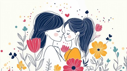 A Mother's Love: Tender Embrace of Mom and Daughter Amidst Blooming Flowers. A Heartwarming Illustration of Family Bond and Unconditional Love.