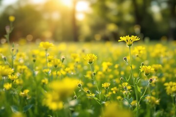 Obraz premium Bright yellow flowers in field, natural and vivid style, soft blurred green background, concept of nature's beauty and tranquility. Ai generative