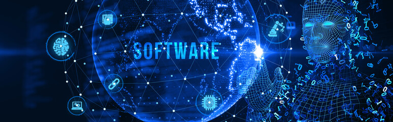 Software development and business process automation, internet and technology concept on virtual screen. 3d illustration