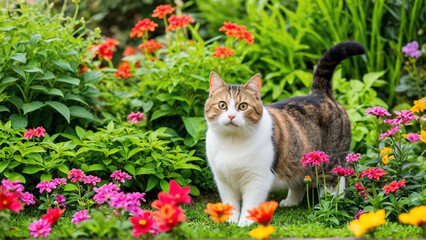 A cute cat is having fun exploring a lush garden filled with colorful flowers and vibrant greenery