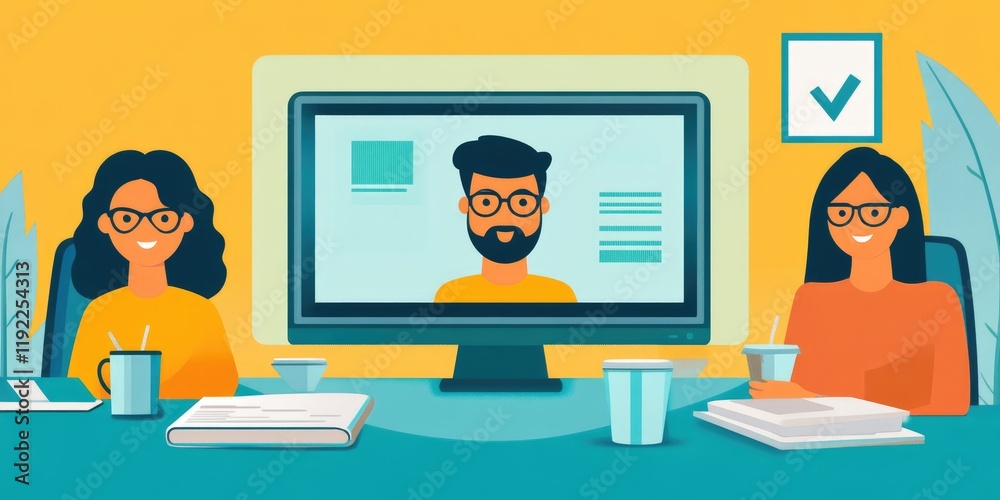 Poster Three adults participating in a virtual classroom on a large screen with notebooks and coffee cups on the table engaged and focused
