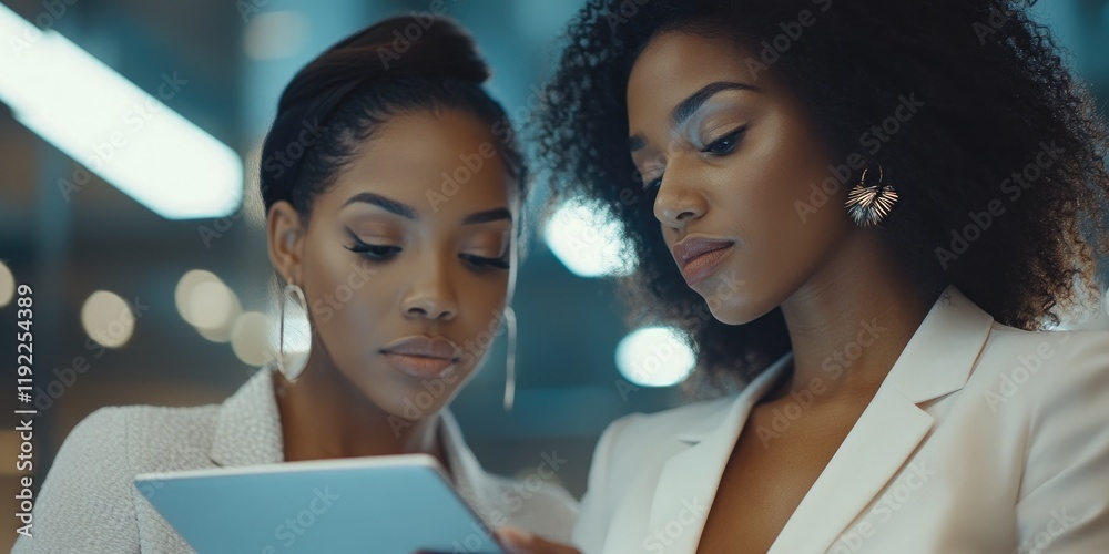 Poster two businesswomen in a high-end office environment looking at a tablet screen close-up of their face