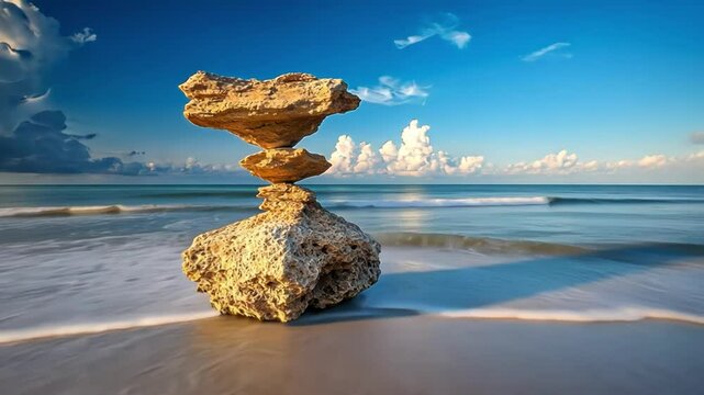 A balanced rock formation stands majestically on a tranquil beach.