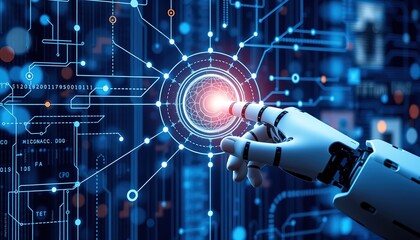 AI, Machine learning, Hands of robot and human touching on big data network connection background, Science and artificial intelligence technology, innovation and futuristic , 8k image