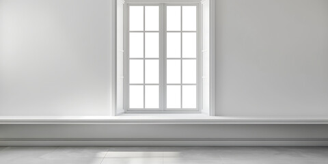 A bright window centered on a clean, empty wall in a minimalist room with shadow patterns on the floor.
