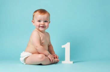 2/3 of the space is free for text on the left side, a little boy in a diaper sits on a pale blue background, next to a large, airy number 1, the boy looks at the camera and smiles