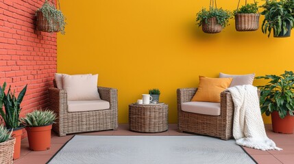 Patio furniture seating and minimal, A cozy outdoor seating area featuring wicker chairs, a round table, potted plants, and a vibrant yellow wall.