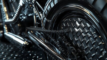 Close-Up of a Custom Motorcycle Wheel and Chain Featuring Glossy Metal Finish and Textured Surface for Automotive and Mechanical Photography
