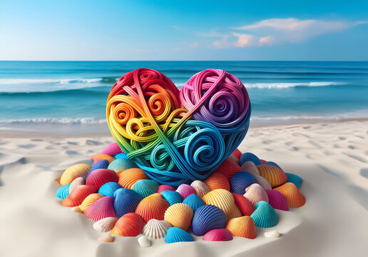 Geflochtenes Herz in Regenbogenfarben, umringt von Muscheln, an einem Stran, Sand und Meereshintergrund