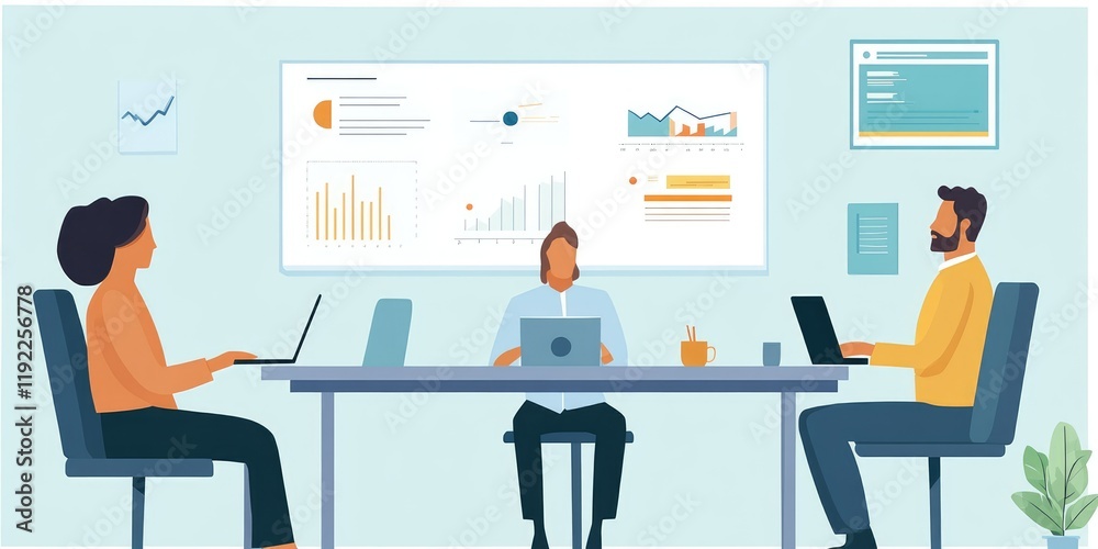 Poster three adults in a bright conference room attending a virtual leadership training session with laptop