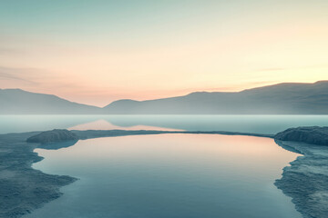 Fototapeta premium Serene lake reflecting pastel colors at sunset, tranquil scene.