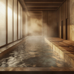 Serene spa interior with a tranquil water pool, warm ambiance.