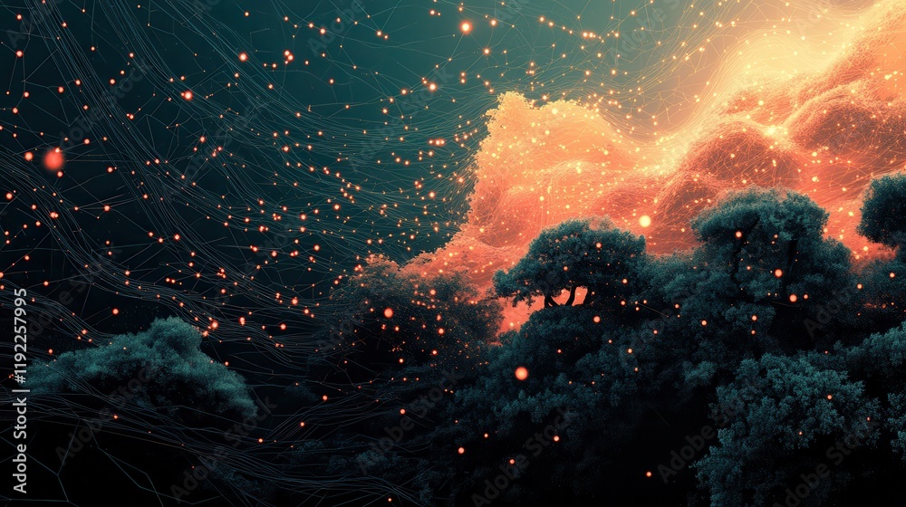 Poster abstract illustration of interconnected data visualizing concepts