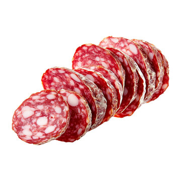 Close-up of Saucisson Sec slices isolated on white transparent background. Concept of fresh deli meat and gourmet food.